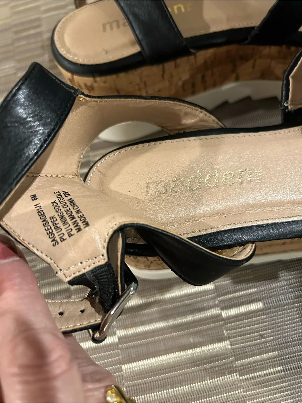 Black Cork Platform Sandals with White Sole and Ankle Strap